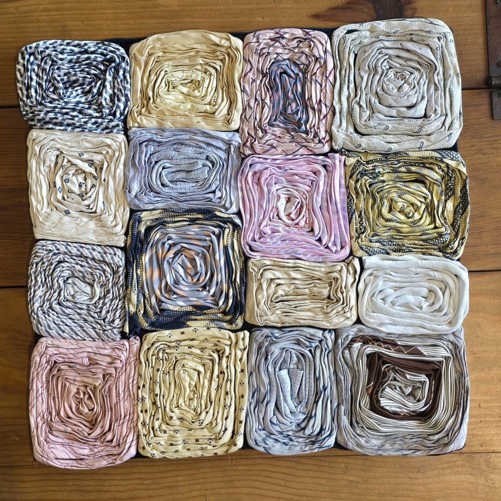 Vintage Dreamweavers Handmade Silk Tie Pillow Cover with Hand-Rolled Roses